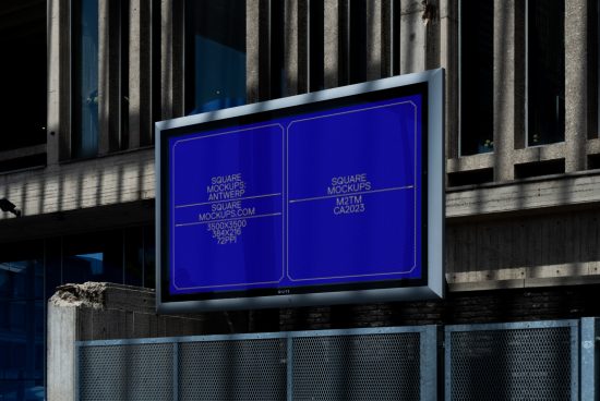 Outdoor advertising billboard mockup, blue LED screens with modern square design, urban setting for graphic designers.